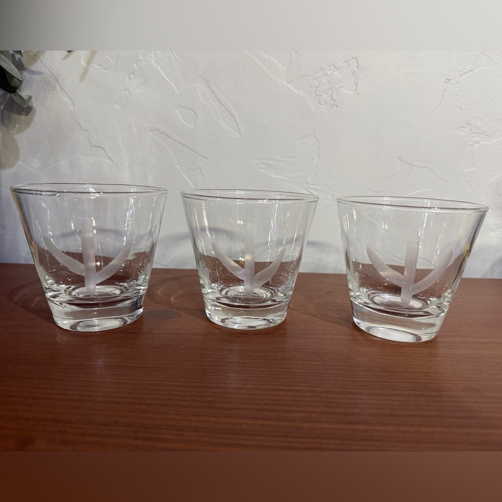 Set of 3 Blakely Oil and Gasoline Clear Etched Cactus Low Ball Whiskey glasses